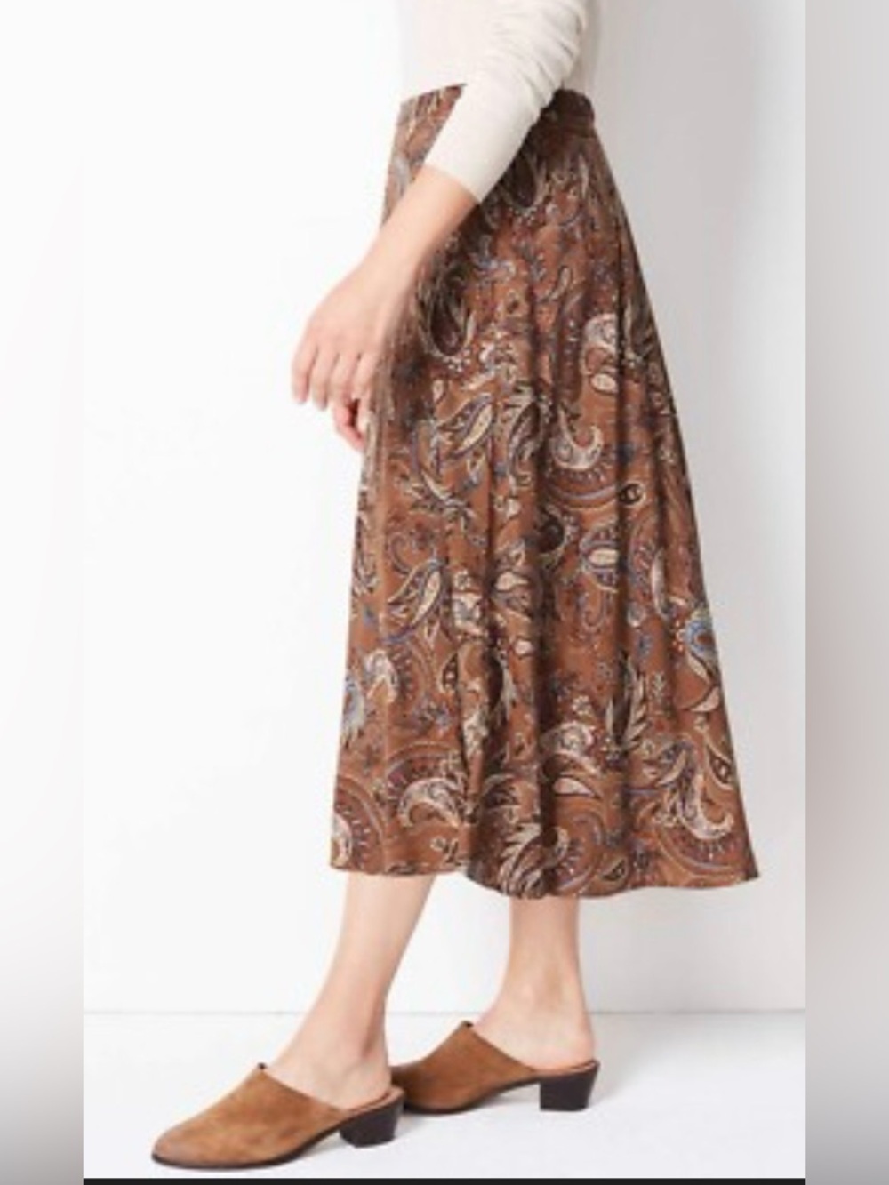 J.Jill Paisley Midi Skirt M | Brown Boho Flowy A-Line Rayon Skirt